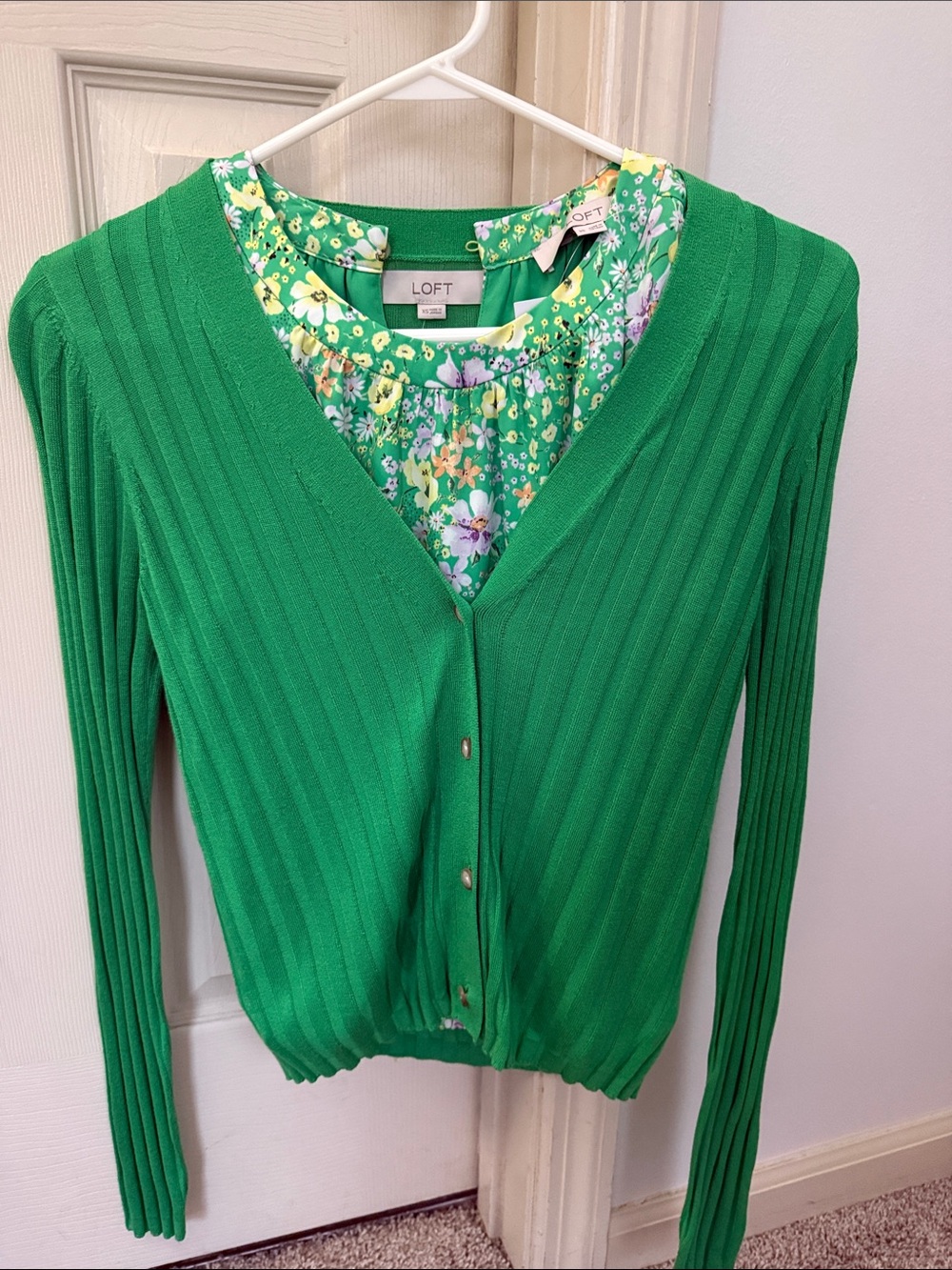 LOFT Green Ribbed V-Neck Cardigan Sweater and Blouse Set XS